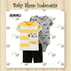 LU549 Setelan Baju Bayi Import 3in1 Jumpsuit Bayi Tshirt Anak Branded Yellow Excavator  large